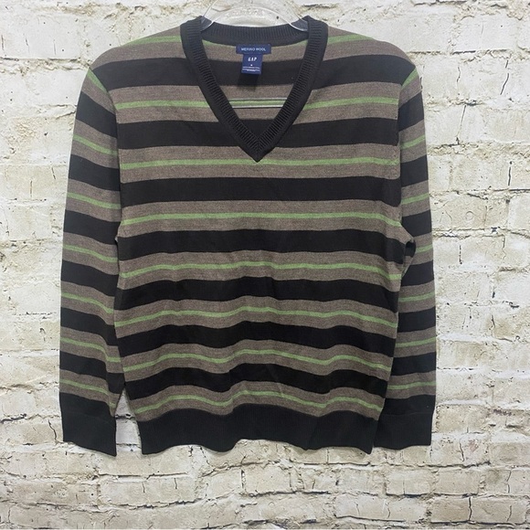 Gap Brown Green Striped Merino Wool V Neck Cardigan Sweater - Picture 1 of 4